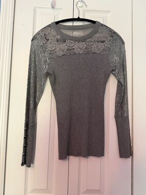 VENUS Gray Long Sleeve Lace Inset Ribbed Top